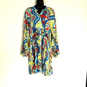 Calvin Tran Women’s Blue Yellow Accordion Short Dress Long Sleeve One Size NWOT